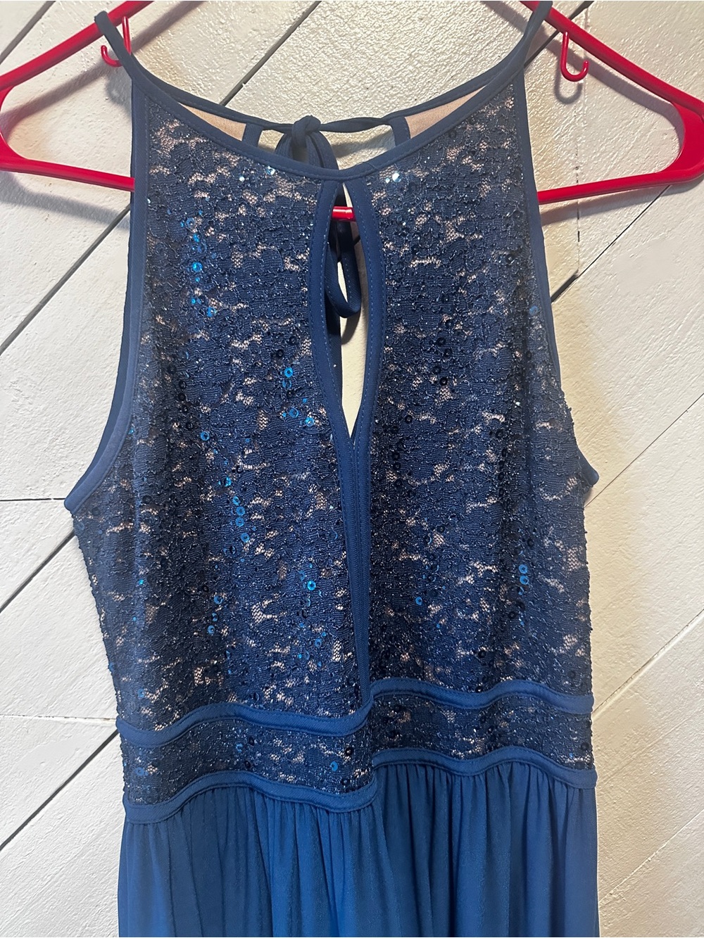 Navy Beaded Halter Evening Dress - Picture 2 of 3